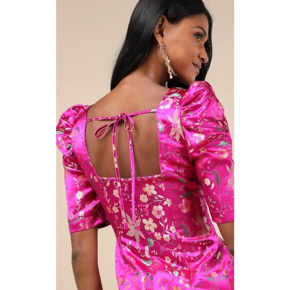 Lulu's Glam Magenta Pink Sexy Floral Brocade Puff Sleeve Mini Dress Sm Brocade - Picture 9 of 9
